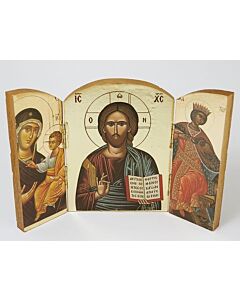 Wooden Triptych Icon of Christ and Saints with Gold Foil Background