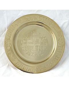 Lacquered brass tray engraved with three-barred Cross and Jerusalem cityscape