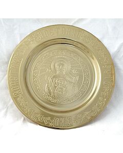 Lacquered brass tray engraved with Platytera Icon