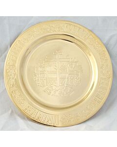Gold-plated tray engraved with three-barred Cross and Jerusalem cityscape