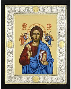 Icon of Christ with Sterling Silver Riza Border with Gold Accents