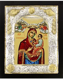 Icon of the Mother of God with Sterling Silver Riza Border with Gold Accents