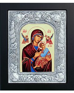 Icon of the Ever-Virgin Theotokos Mary, “The Unblemished,” with Sterling Silver “Peacocks” Riza