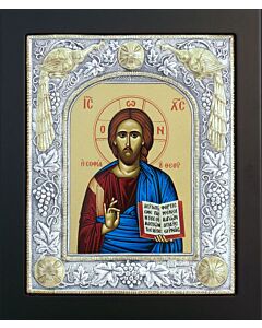 Icon of the Lord Jesus Christ, “The Wisdom of God,” with Sterling Silver “Peacocks” Riza with Gold Accents