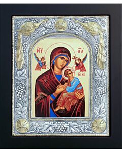 Icon of the Ever-Virgin Theotokos Mary, “The Unblemished,” with Sterling Silver “Peacocks” Riza with Gold Accents