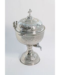 Embossed and chrome-plated holy water font with lid