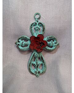 Turquoise & Red Flower Metal Wall Cross