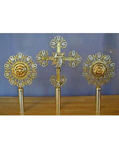 Small Gold- and Silver-Plated Processional Cross and Fans