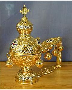 Gold-plated hand censer with enamel Cross medallions