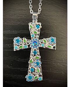 Flower Rhinestone Cross Necklace (blue)