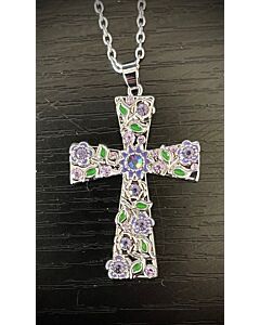 Flower Rhinestone Cross Necklace (purple)