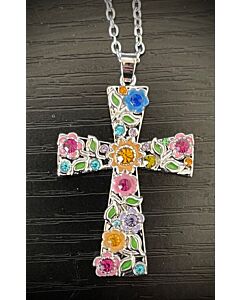 Flower Rhinestone Cross Necklace (multi-colored)