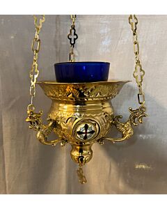 Large Gold Plated Vigil Lamp w/Enameled Medalions