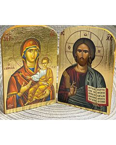 Wooden Diptych Icon of Christ and the Theotokos with Gold Foil Background